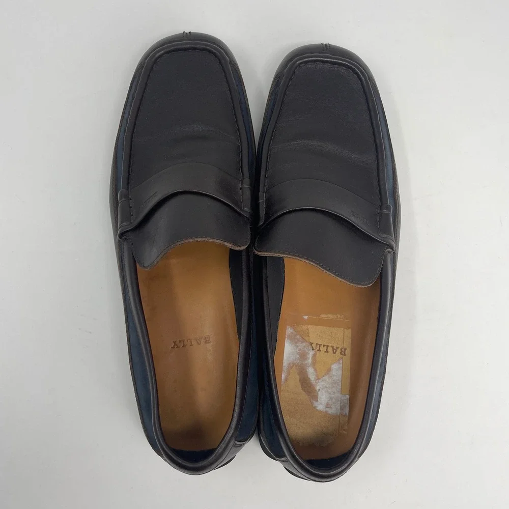 Bally Rumo Men 10.5 D Brown Leather Navy Suede Preppy Penny Loafers Italian Made